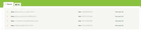 Screenshot van Mijn Greenchoice Zakelijk, waarin je de verbruiksgegevens van iedere aansluiting kan downloaden