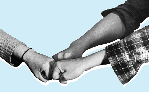 Illustratie van drie armen die elkaar een boks geven