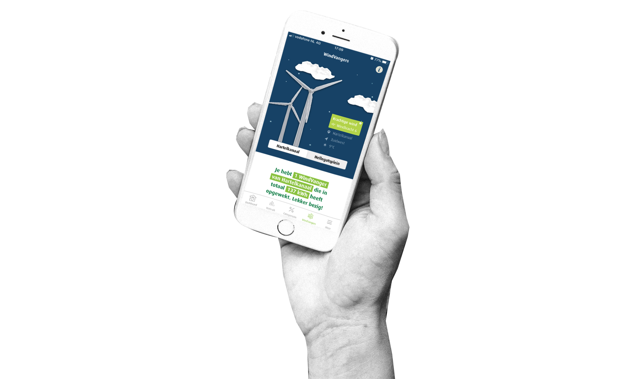 Illustratie van hand die een smartphone vast heeft met de Greenchoice WindVangers app