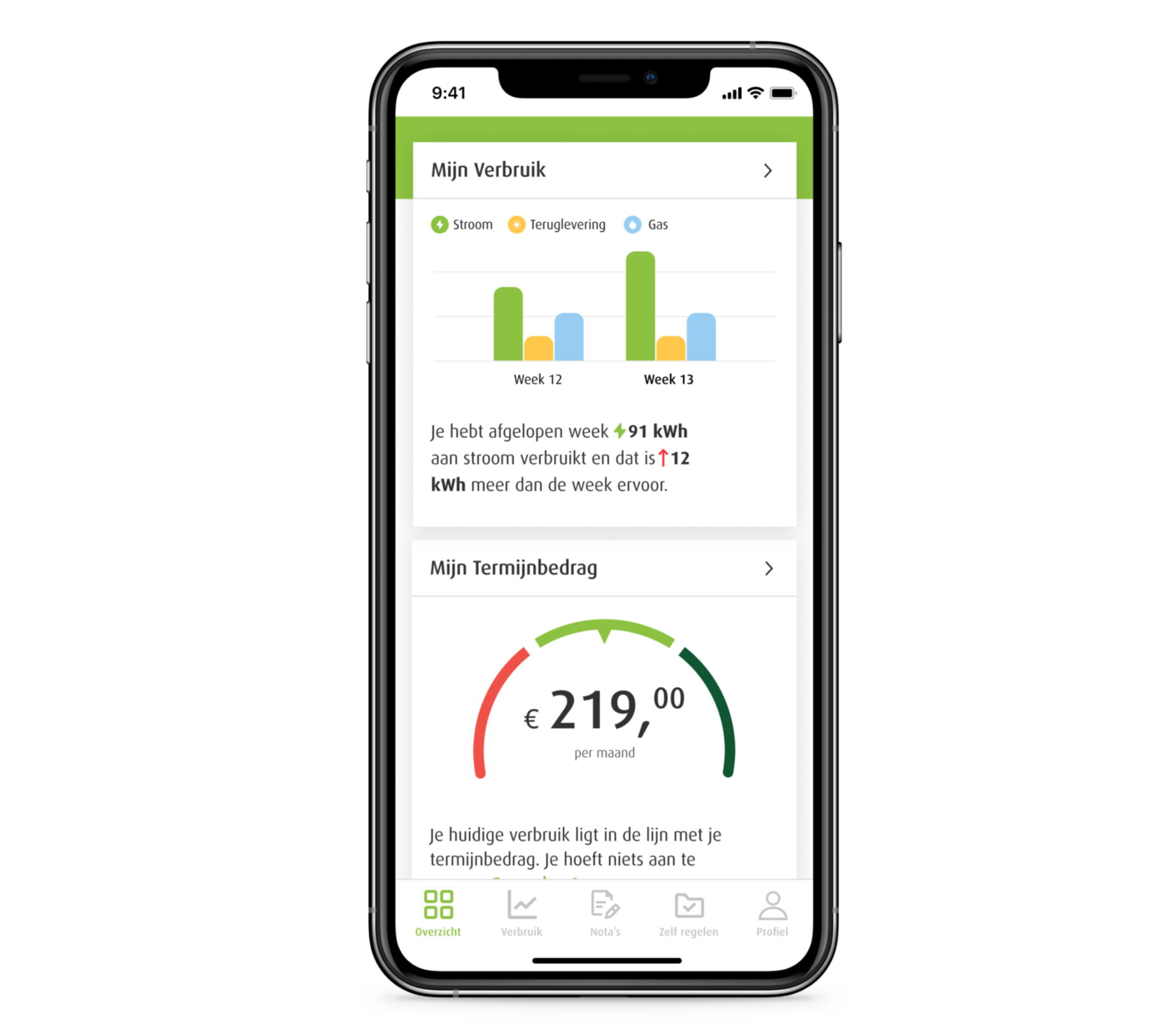 Screenshot van de Greenchoice app met verbruik en termijnbedrag