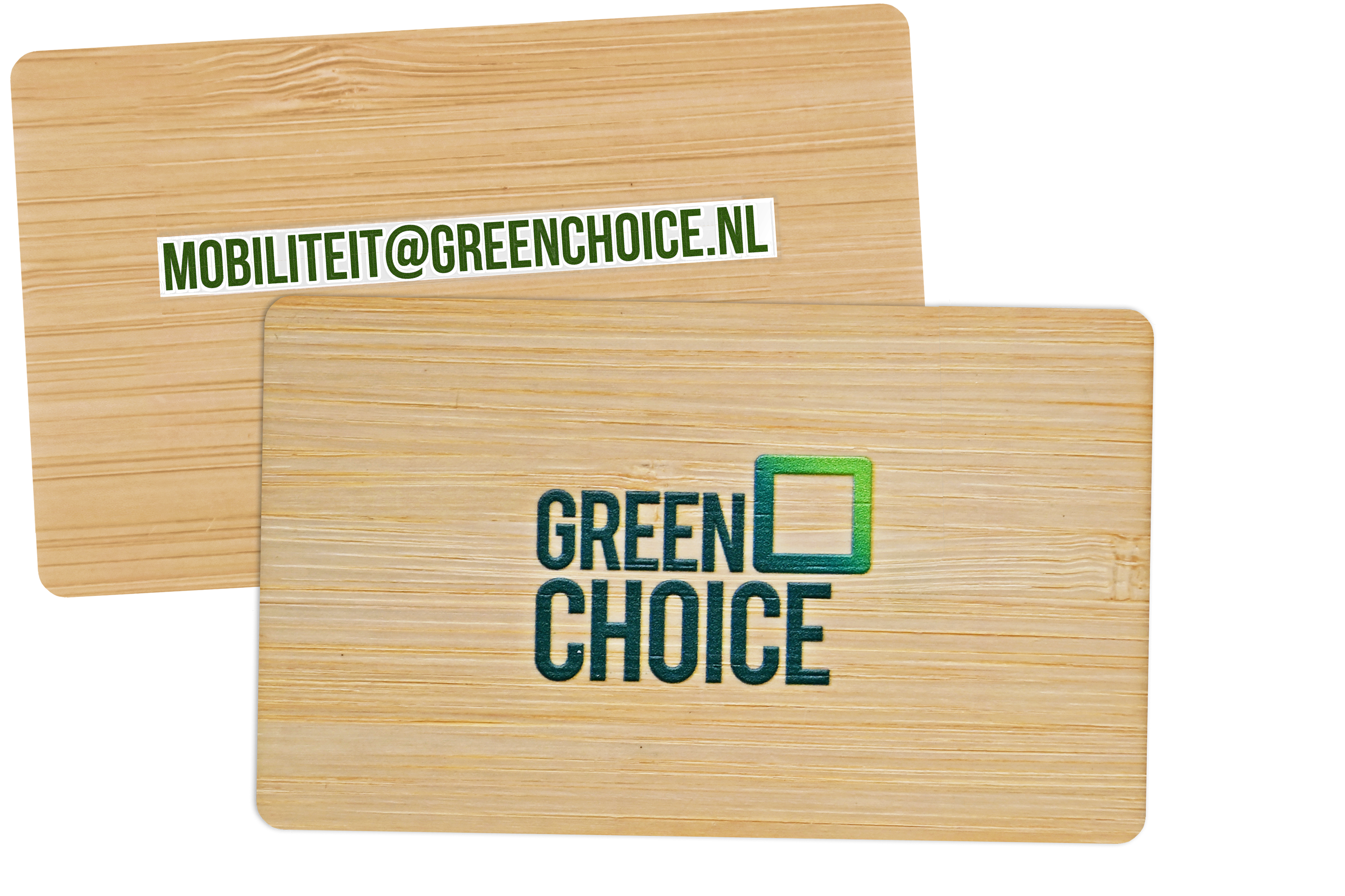 De Greenchoice laadpas, met het e-mailadres mobiliteit@greenchoice.nl op de achterkant