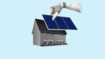 Illustratie van een hand die een zonnepaneel op een dak legt